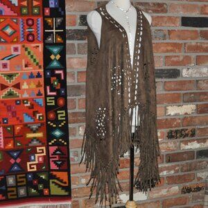 Brown Boho Faux Suede Laser Cut Hippie Fringe Vest Waistcoat Festival Unisex O/S